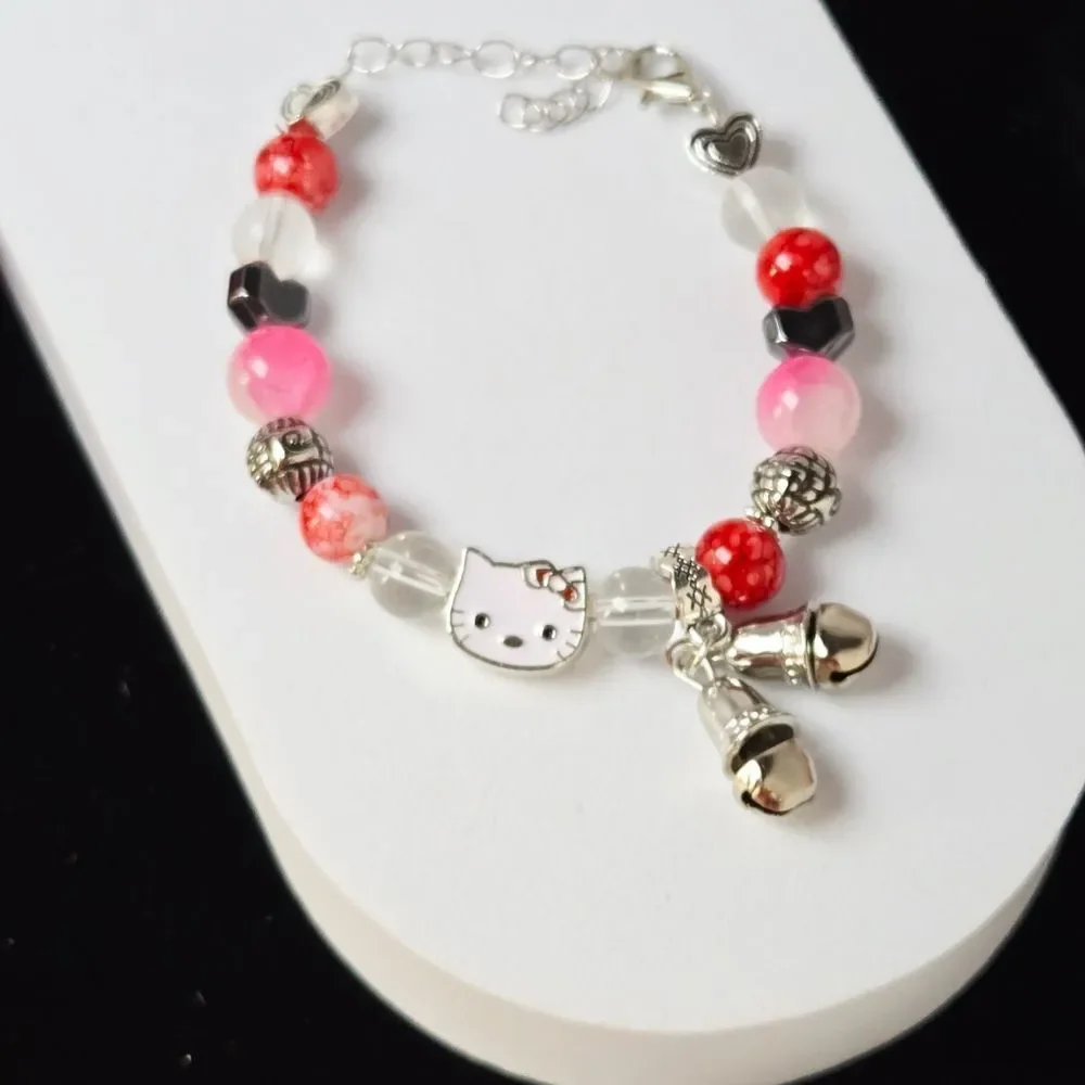 Hello Kitty Beaded Bracelet Pink Marble Resin Hematite Heart Bell Charm Kawaii